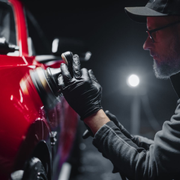 A person wearing gloves uses a rotary polisher on the shiny red exterior of a vehicle in a dark, professional workshop.