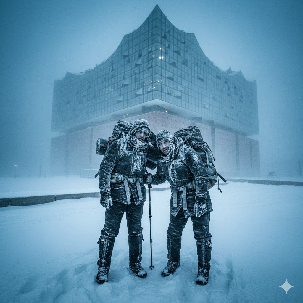 KI generiertes Bild von zwei fast erfrorenen Wanderer im Schnee vor der Elbphilharmonie.