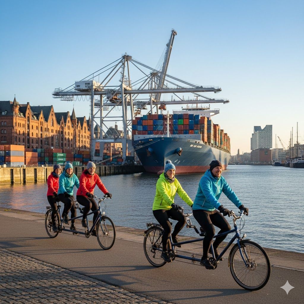 Der Versuch, mit künstlicher Intelligenz ein Bild zu malen, das Tandemfahrer vor einem Containerschiff im Hafen darstellt. Zu sehen sind aber ein Tandem und ein Tandem für drei vor einem Containerschiff, dass in der Speicherstadt angelegt hat. Die Elbphilharmonie ist auch mit drauf.