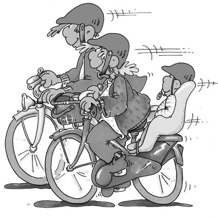 Der Cartoon zeigt zwei Fahrräder. Auf dem einen fährt ein Mann, auf dem anderen fährt eine Frau mit Kind hinten drauf.