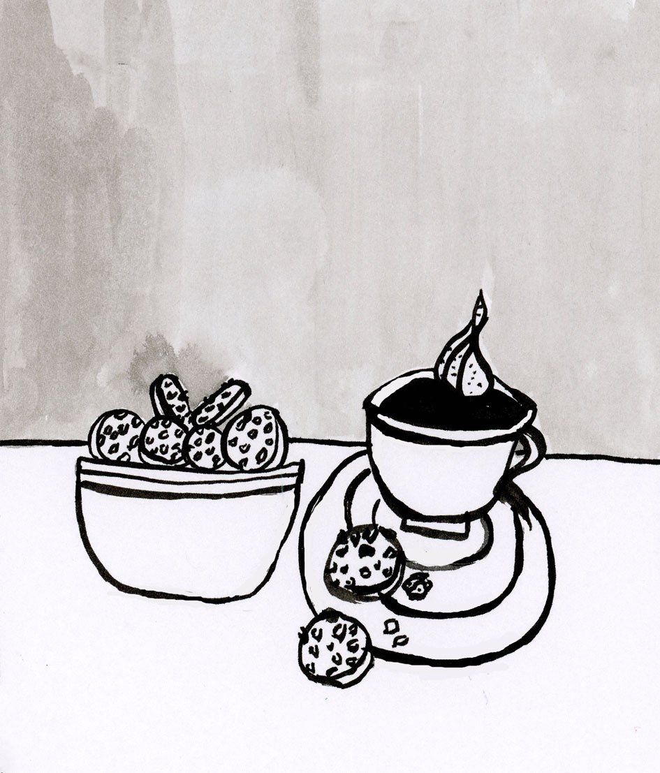 Ein gemaltes Bild. Zu sehen ist eine Tasse Kaffee mit zwei Keksen auf dem Unterteller. Daneben eine Schale voller Kekse.