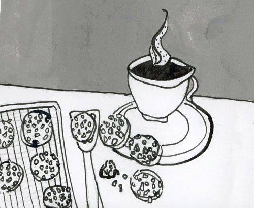 Zeichnung von einer Tasse Kaffee mit Keksen. Gemalt von Maikes Cousine Kerstin