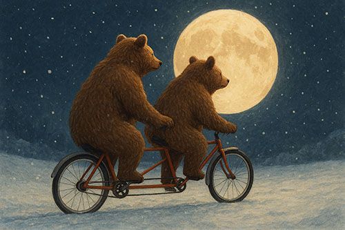 Mit künstlicher Intelligenz erzeugtes Bild, das wie gezeichnet aussieht. Es ist Nacht mit einem sehr großen Mond und Sterne im Hintergrund. Vorne fahren zwei braunen Bären auf einem roten Tandem durch den Schnee.