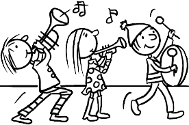 Das Bild zeigt eine Zeichnung von drei Musikanten, die Musik machen (große Trompete, kleine Trompete und ein Trommel)