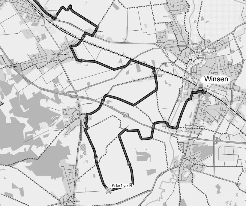 Das Bild zeigt eine Karte von der Umgebung von Winsen. Eine Route ist deutlich eingemalt, allerdings überhaupt eine gerade Strecke, sondern ziemlich chaotisch und mit Umwegen.