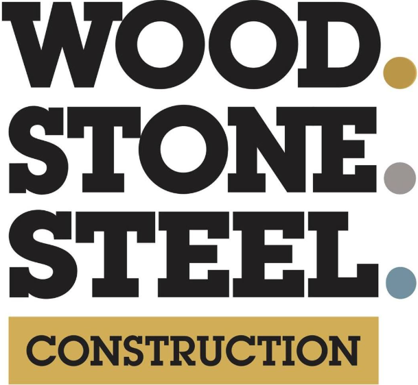 The logo for wood stone steel construction is black and gold