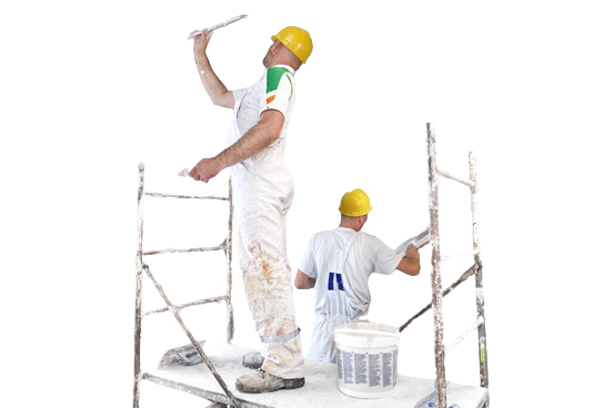 Two Men Are Painting a Wall on a Scaffolding — Poljak Plasterers in Rosslea, QLD
