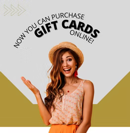 Woman in hat points to text: "Gift Cards Online".