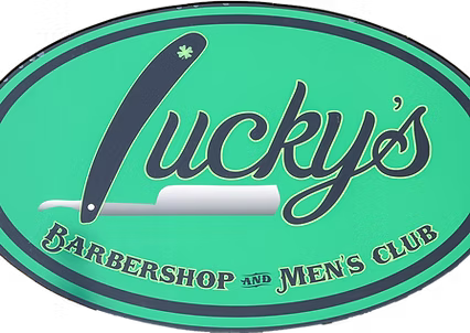 Lucky's Barbershop and Men's Club sign; oval, teal background with a barber razor illustration, and text.