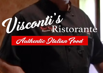 Visconti's Ristorante logo on a black chef's jacket, promising authentic Italian food.