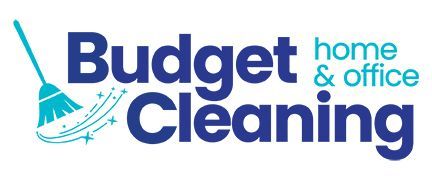 A logo for budget home and office cleaning with a broom.