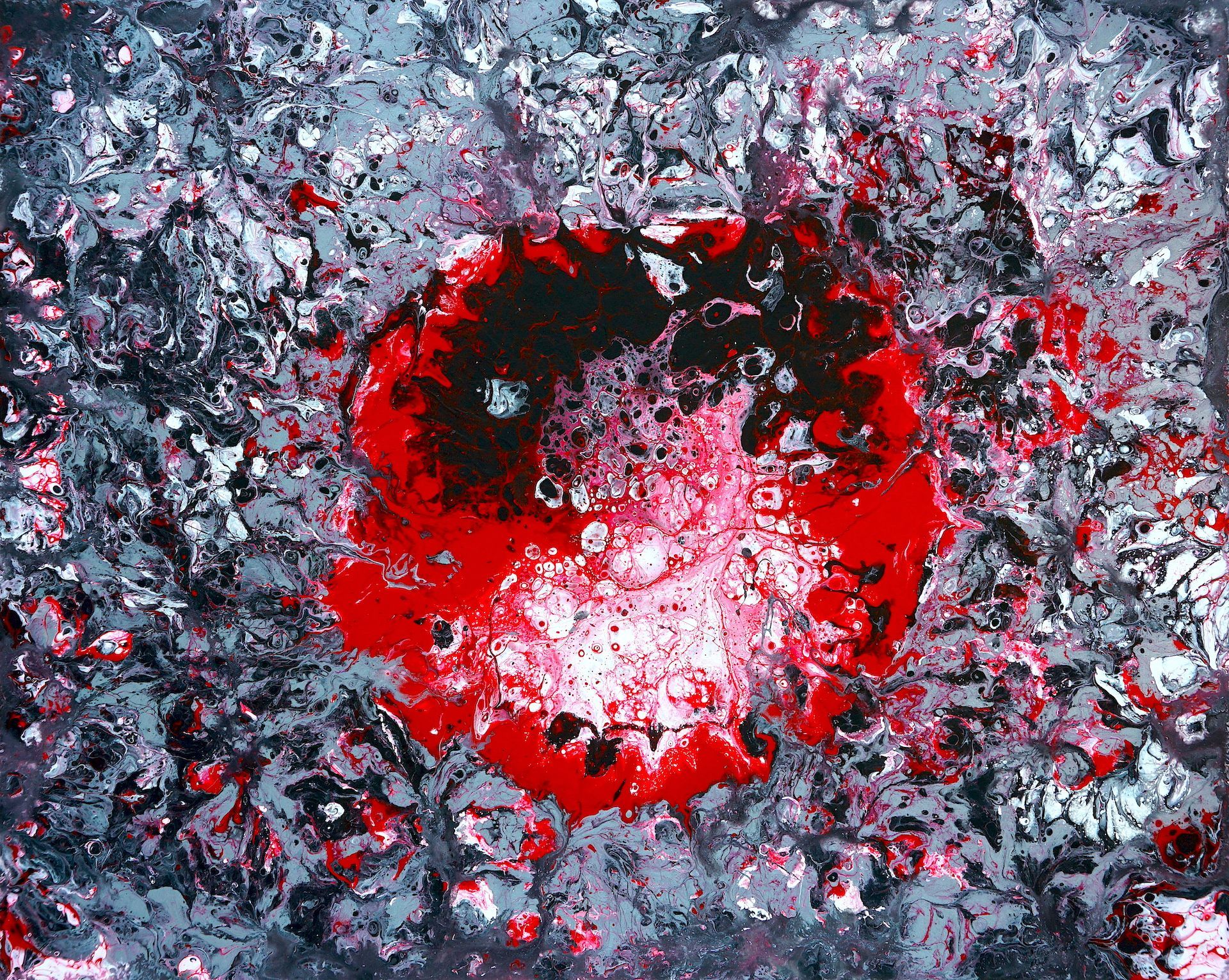 A close up of a painting with a red circle in the middle.