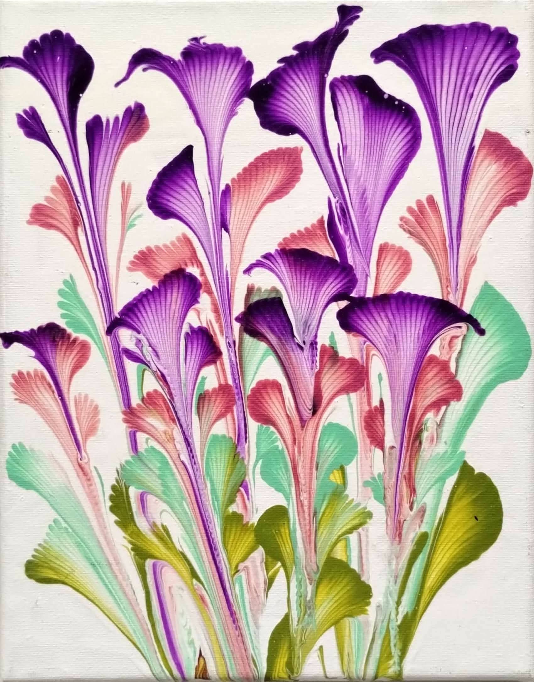 A painting of purple pink and green flowers on a white background