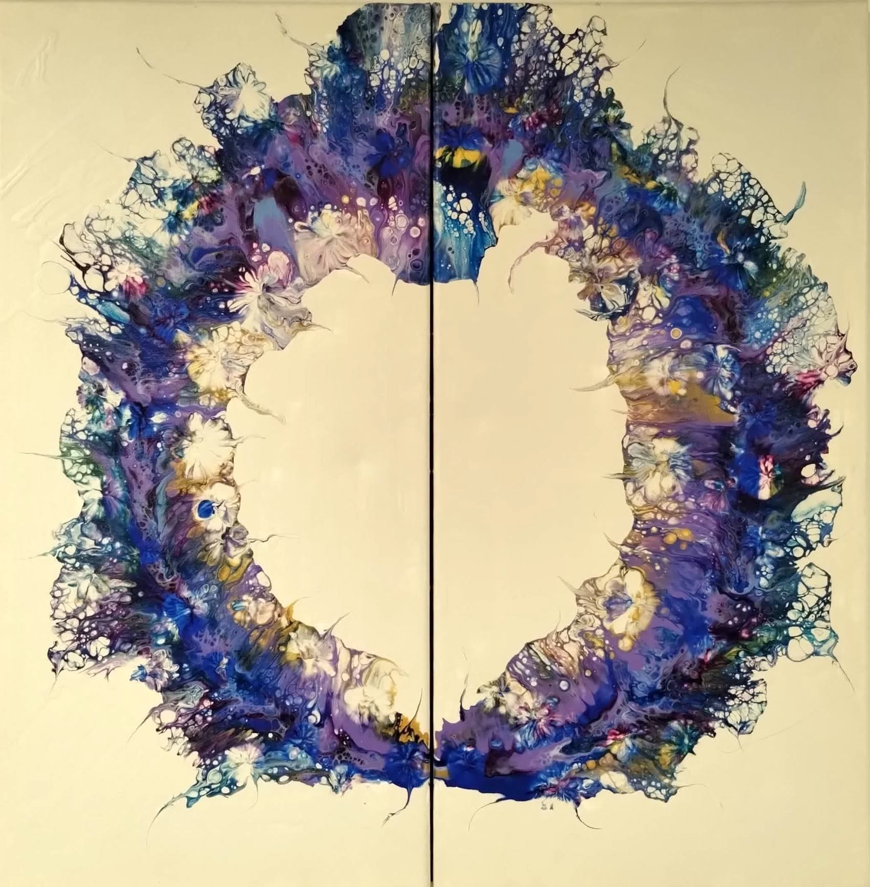 A painting of a purple wreath with a white heart in the middle