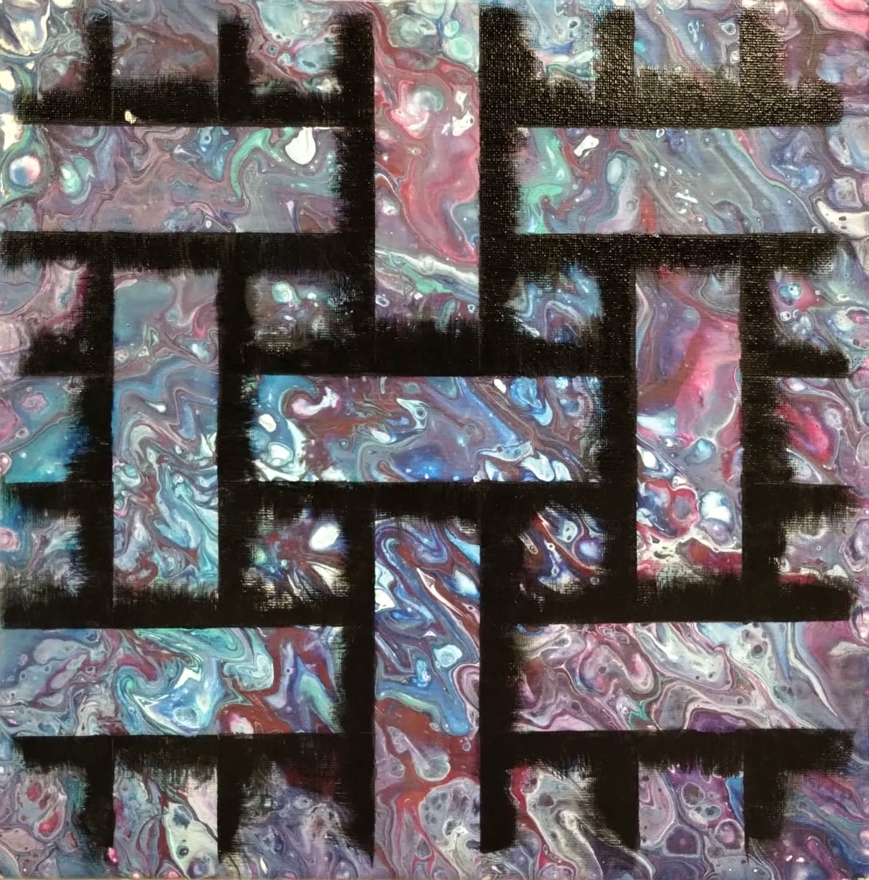 A painting of a maze with black lines on a colorful background