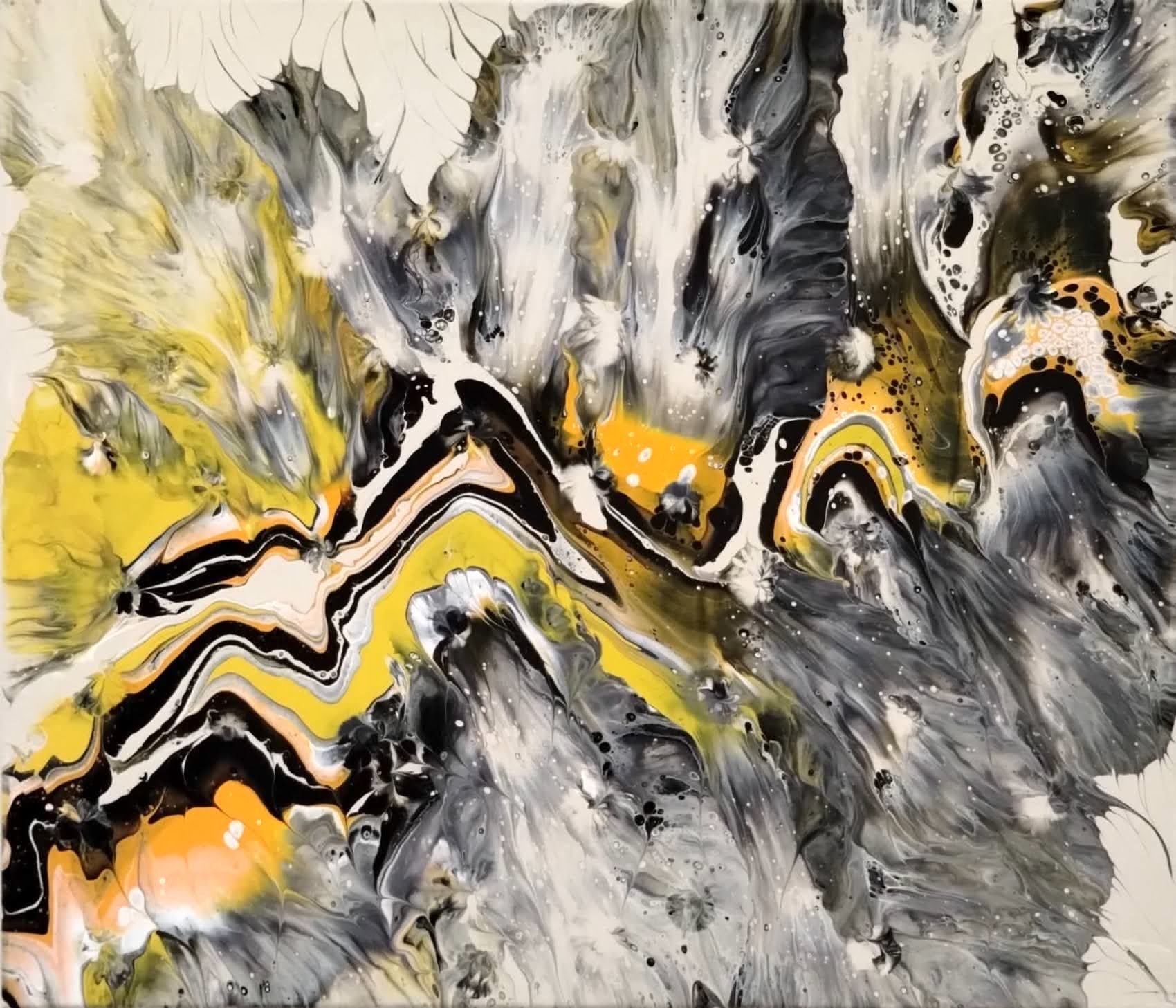 A close up of a painting with yellow , black and white paint