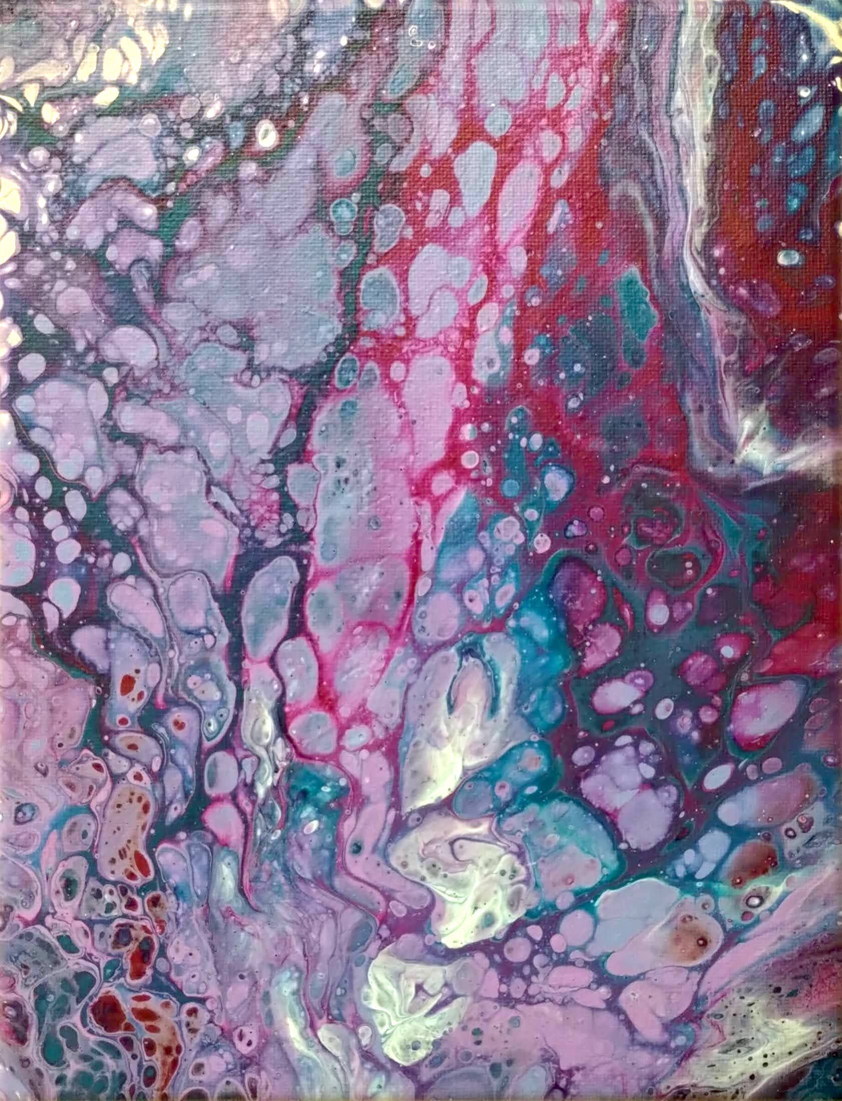 A close up of a colorful painting on a canvas.