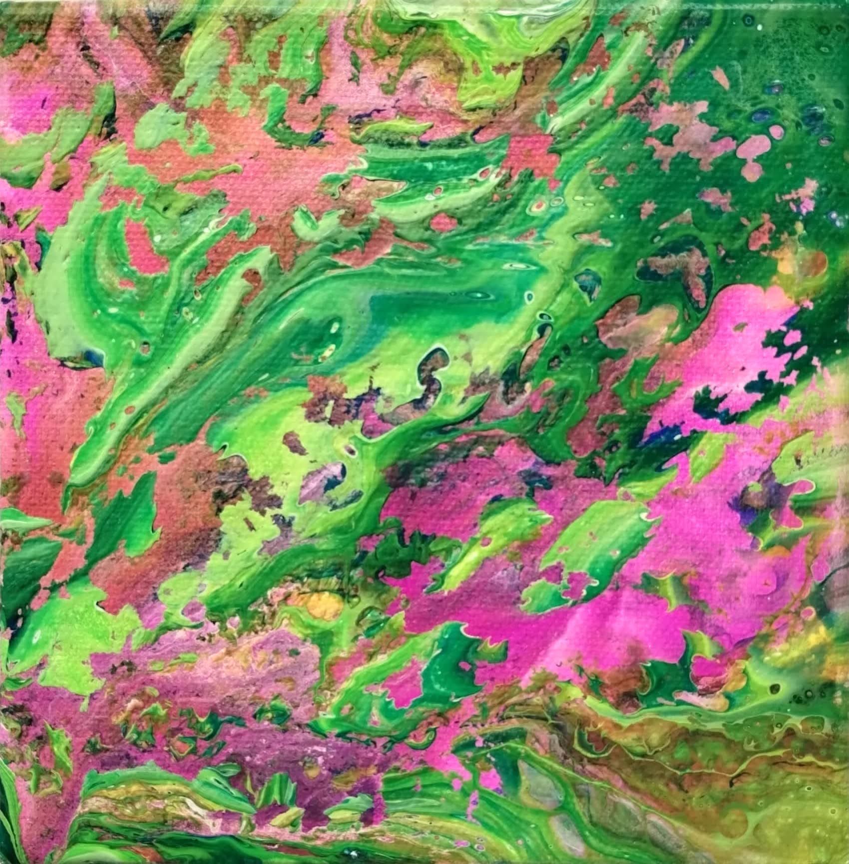 A close up of a green and pink marble painting.