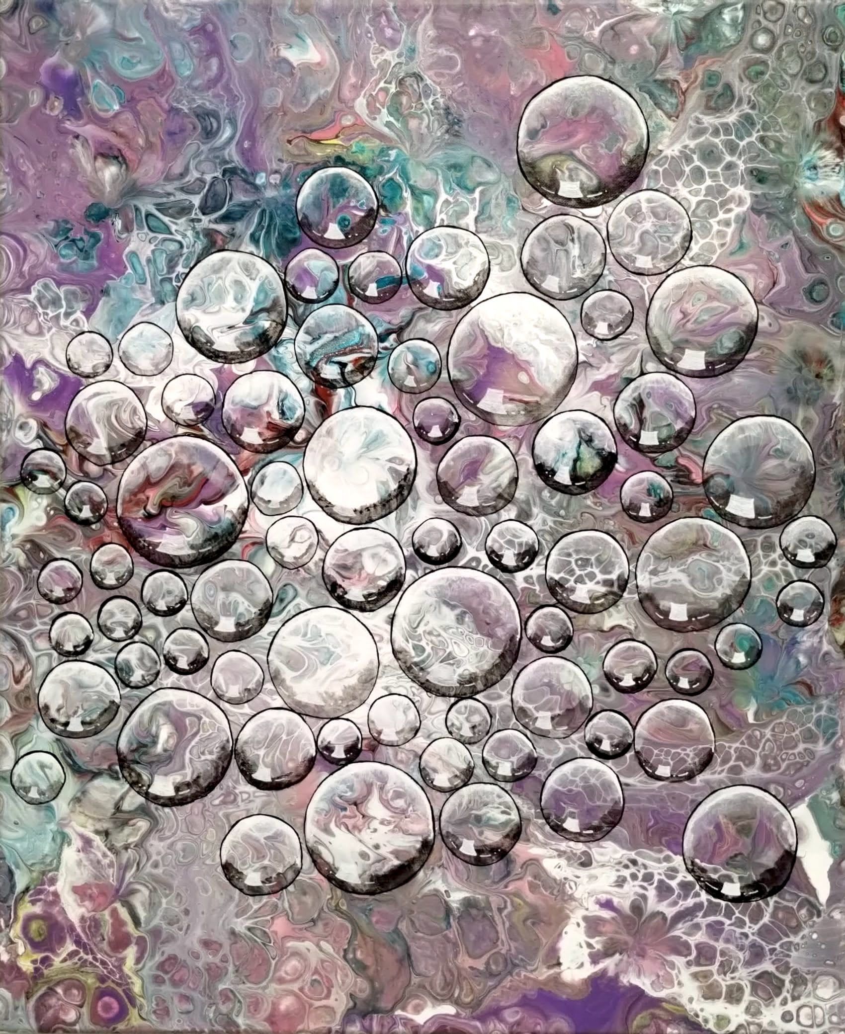 A painting of water drops on a purple background.