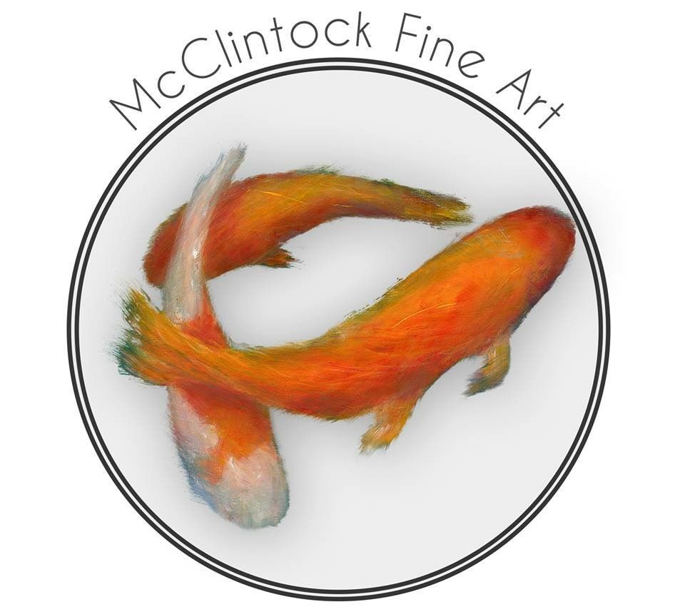 A logo for mcclintock fine art with two fish in a circle