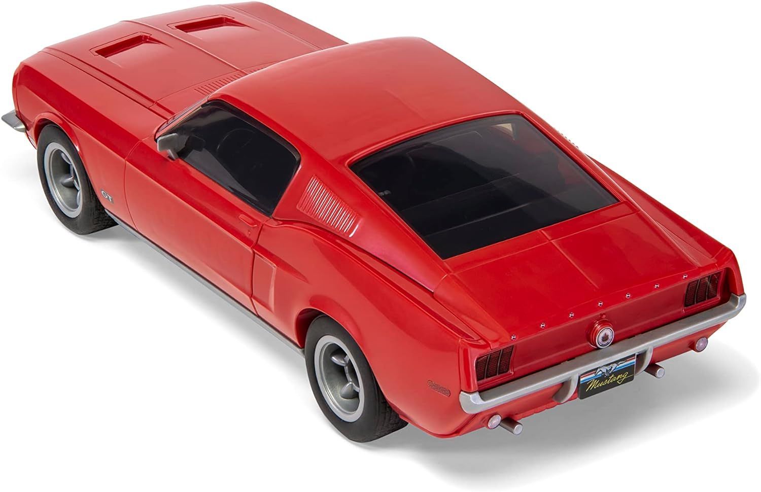 The back of a red mustang model car is shown on a white background.