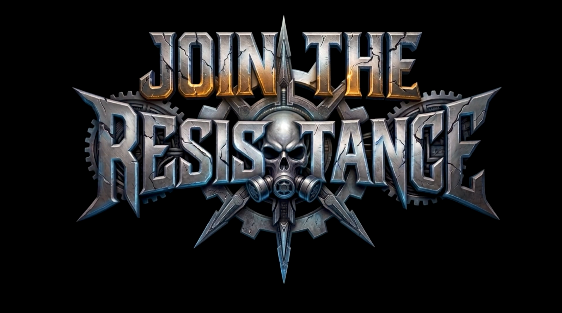 “JOIN THE RESISTANCE” metallic logo with a skull and crossed blades on a black background