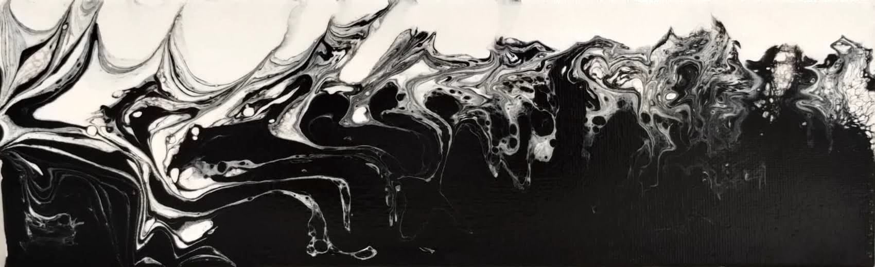 A black and white painting of a swirling pattern on a white surface.