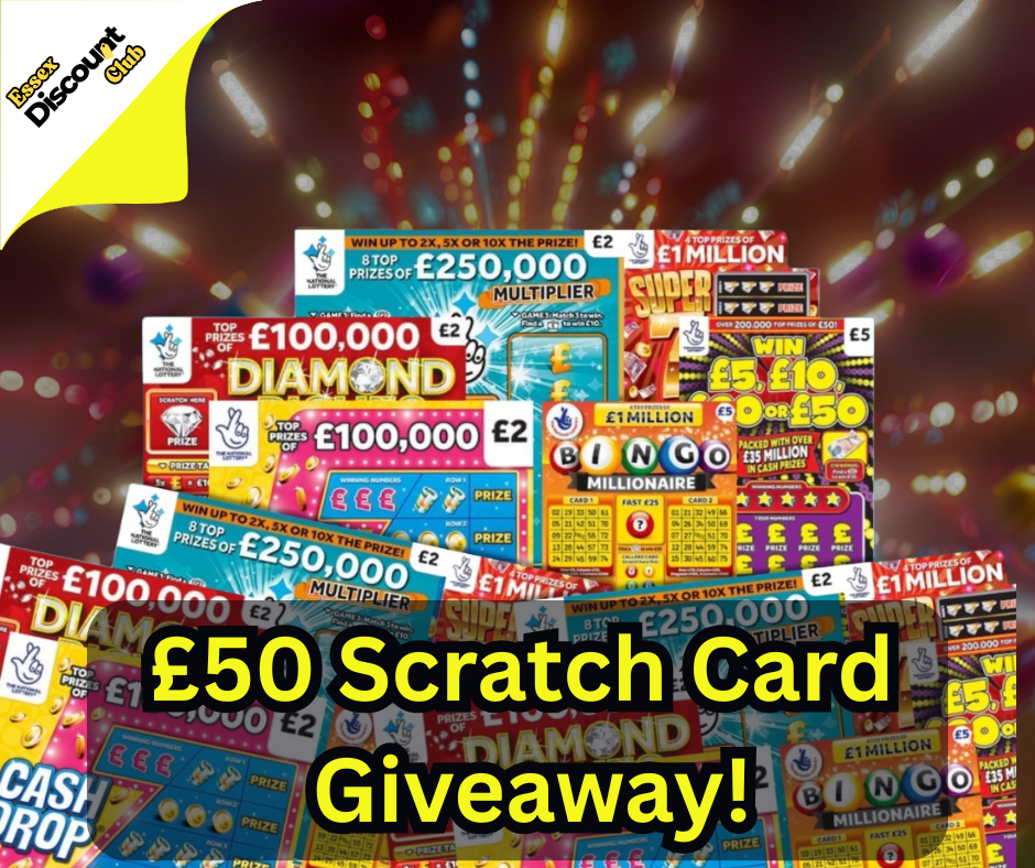 An advertisement for a 50 scratch card giveaway