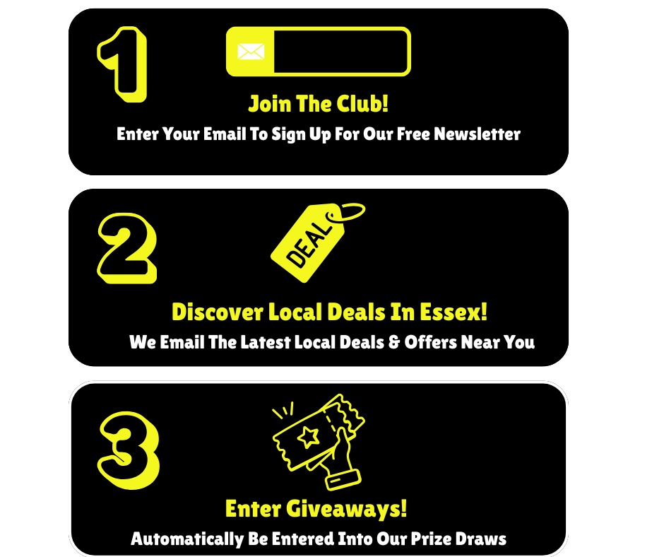A sign that says join the club discover local deals in essex enter giveaways automatically be entered into our prize draws