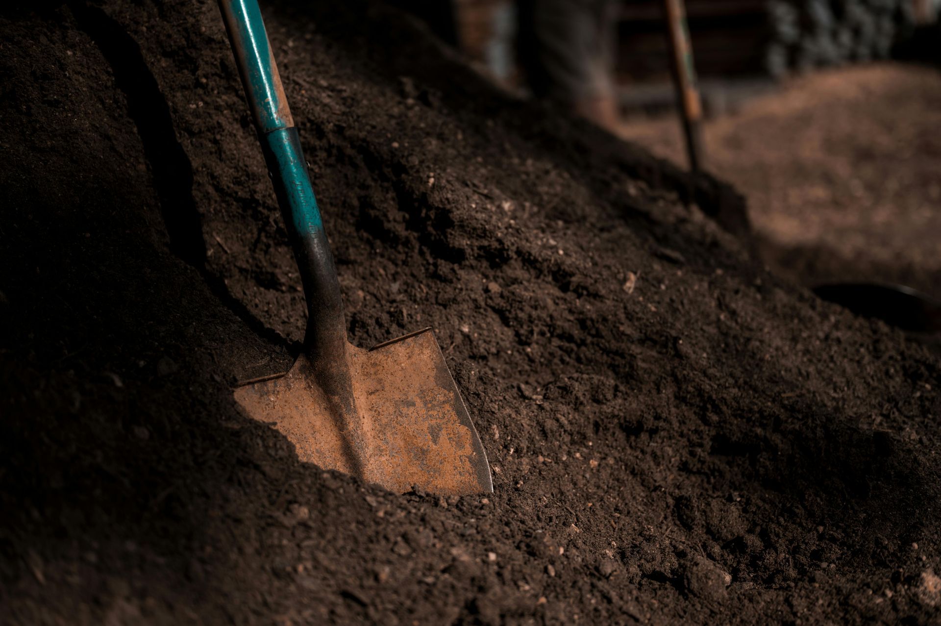 A shovel stuck in a pile of dark soil, outdoors.