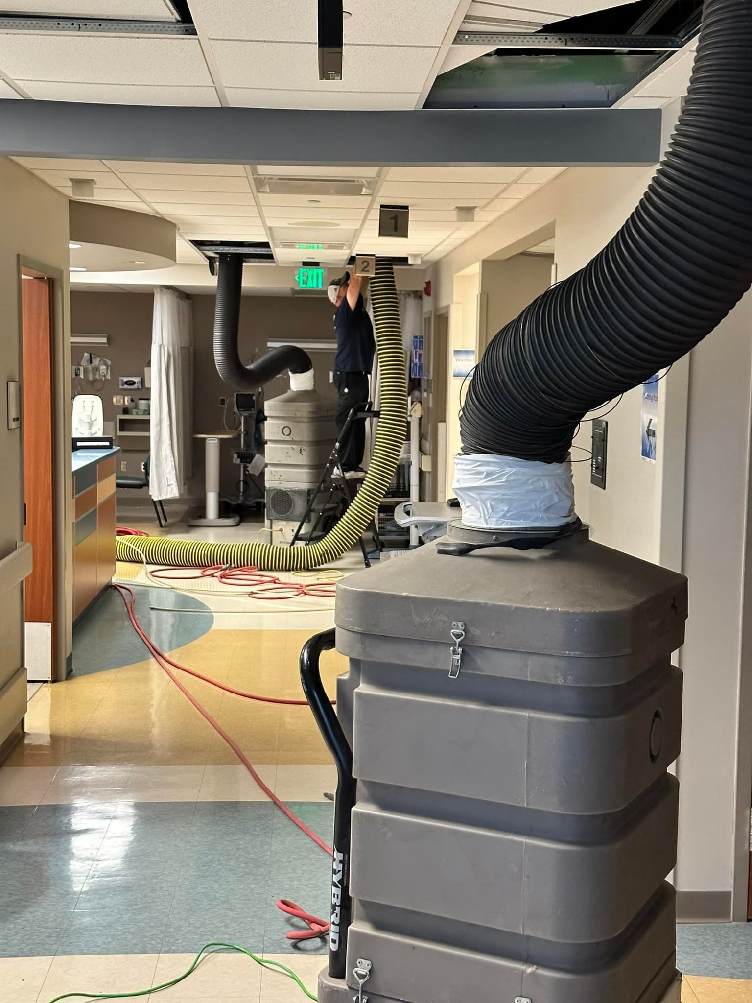 A vacuum cleaner with a large hose attached to it