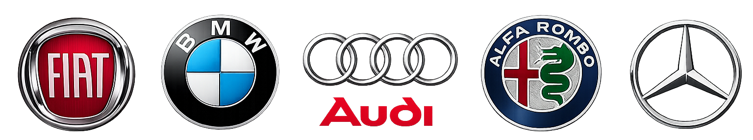 Loghi delle auto Fiat, BMW, Audi, Alfa Romeo e Mercedes-Benz.