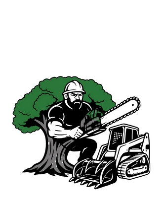 Tree service worker with chainsaw and skid steer beside a large green tree