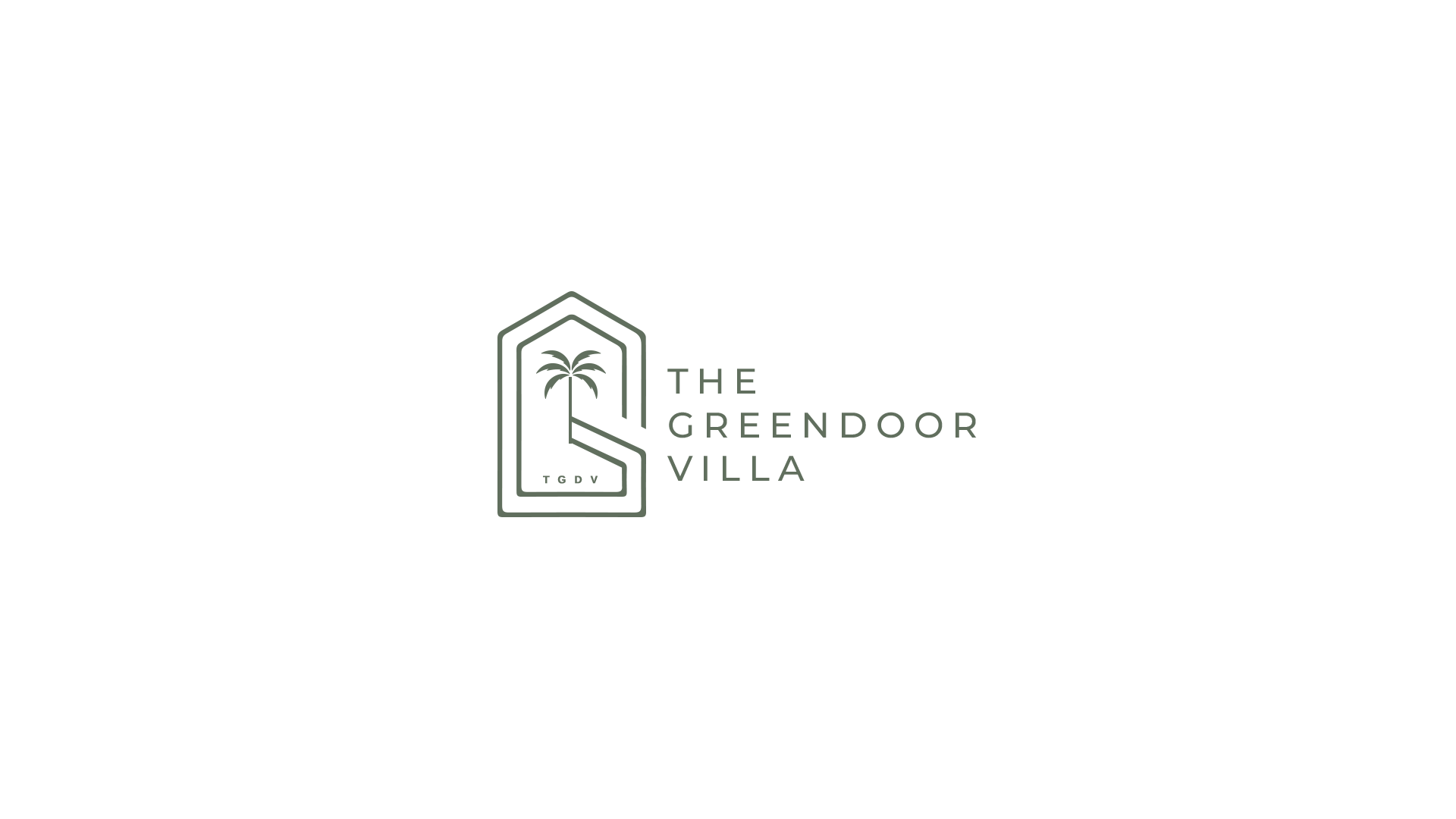 Logo for The Greendoor Villa, featuring a minimalist house outline in gray and green text on a white background