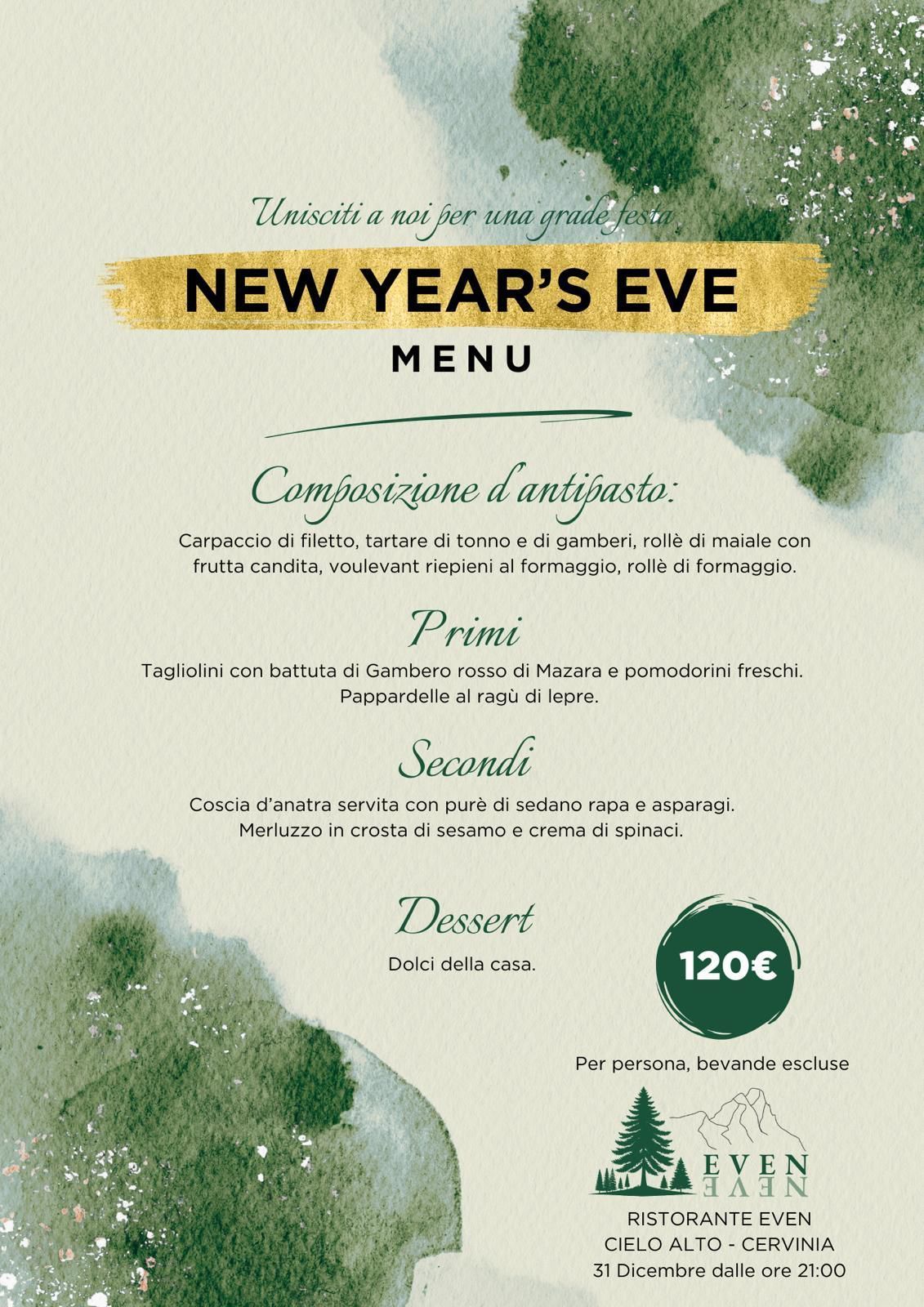 Menù di Capodanno con sfondo acquerello. Testo in italiano, prezzo 120€. Logo del ristorante in basso.