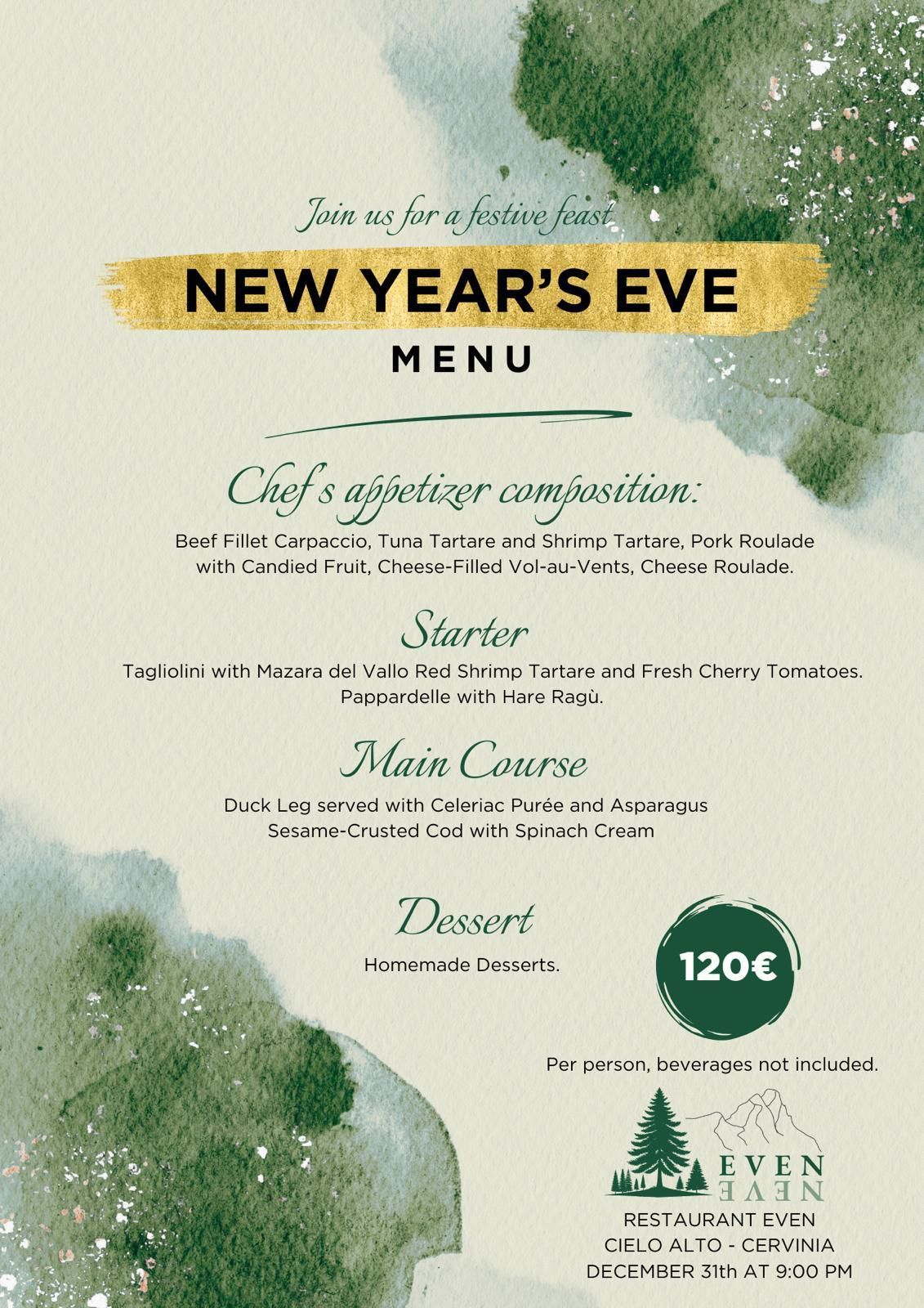 Menù di Capodanno con sfondo verde acquerello, testo dorato e prezzo di 120€.