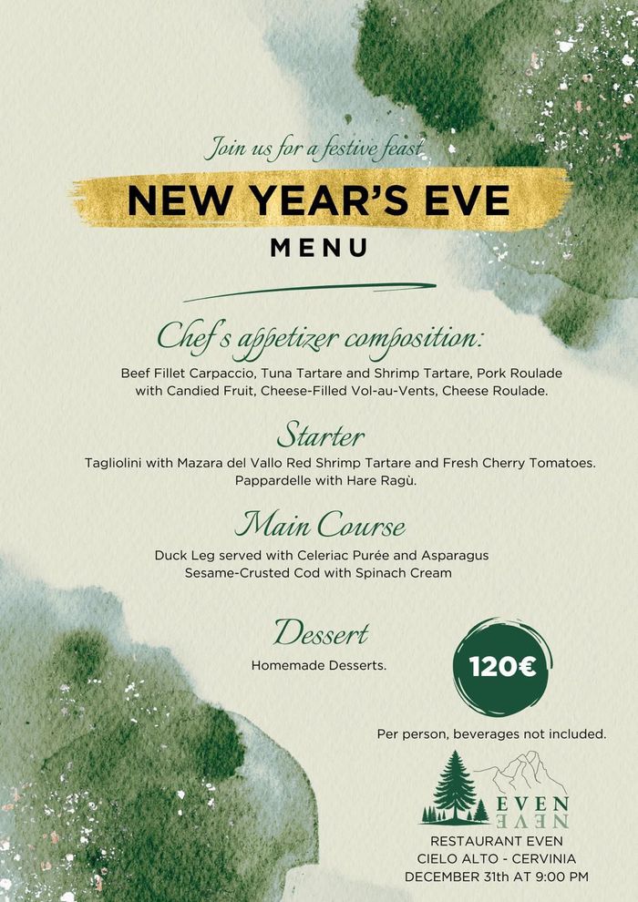 Menù di Capodanno con sfondo verde acquerello, testo dorato e prezzo di 120€.