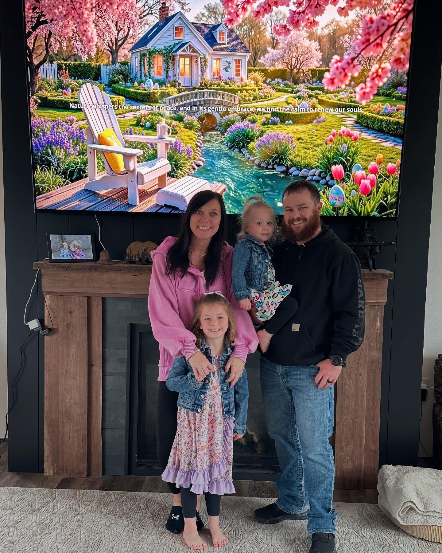 A family is posing for a picture in front of a television in a living room.
