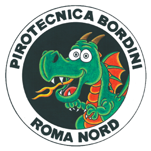 Logo per Pirotecnica Bordini Roma Nord: drago verde in un cerchio nero, bordo bianco e testo.