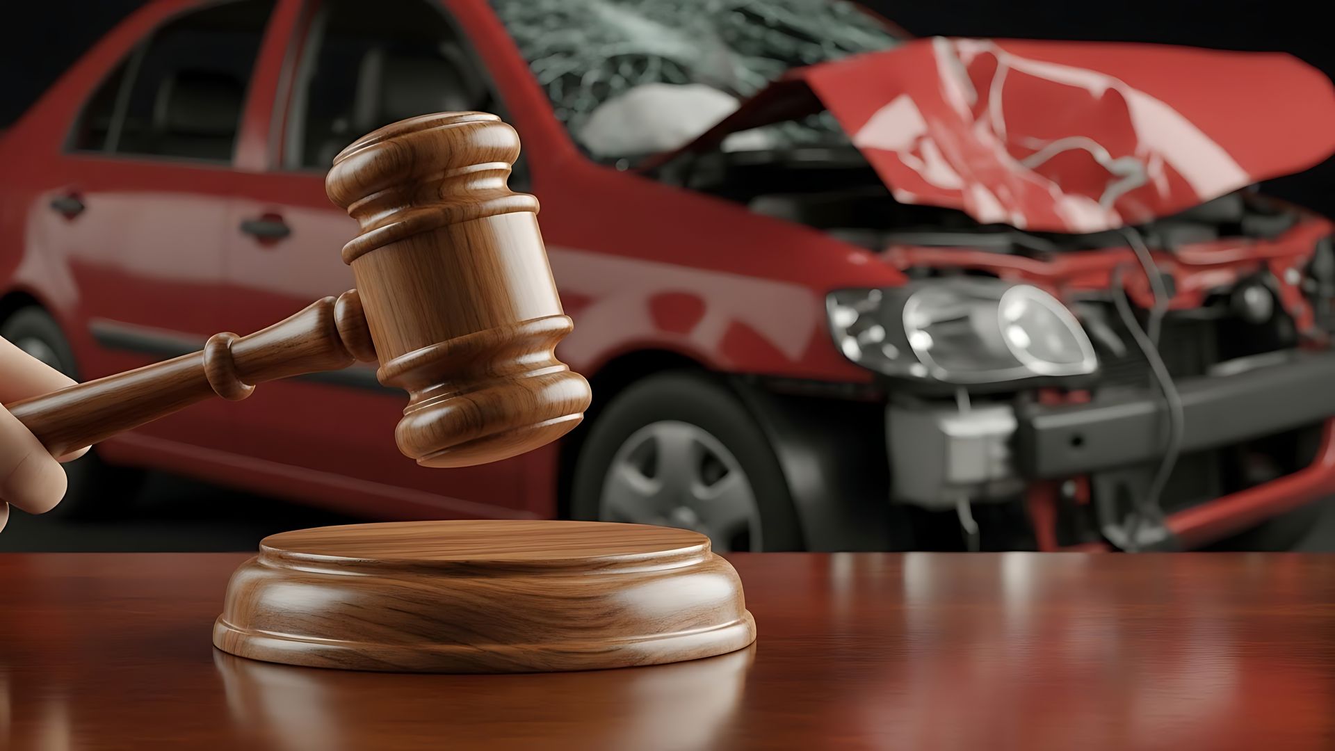 Gavel and damaged red car signifying legal action for an accident claim. Gavel and damaged red car signifying legal action for an accident claim.