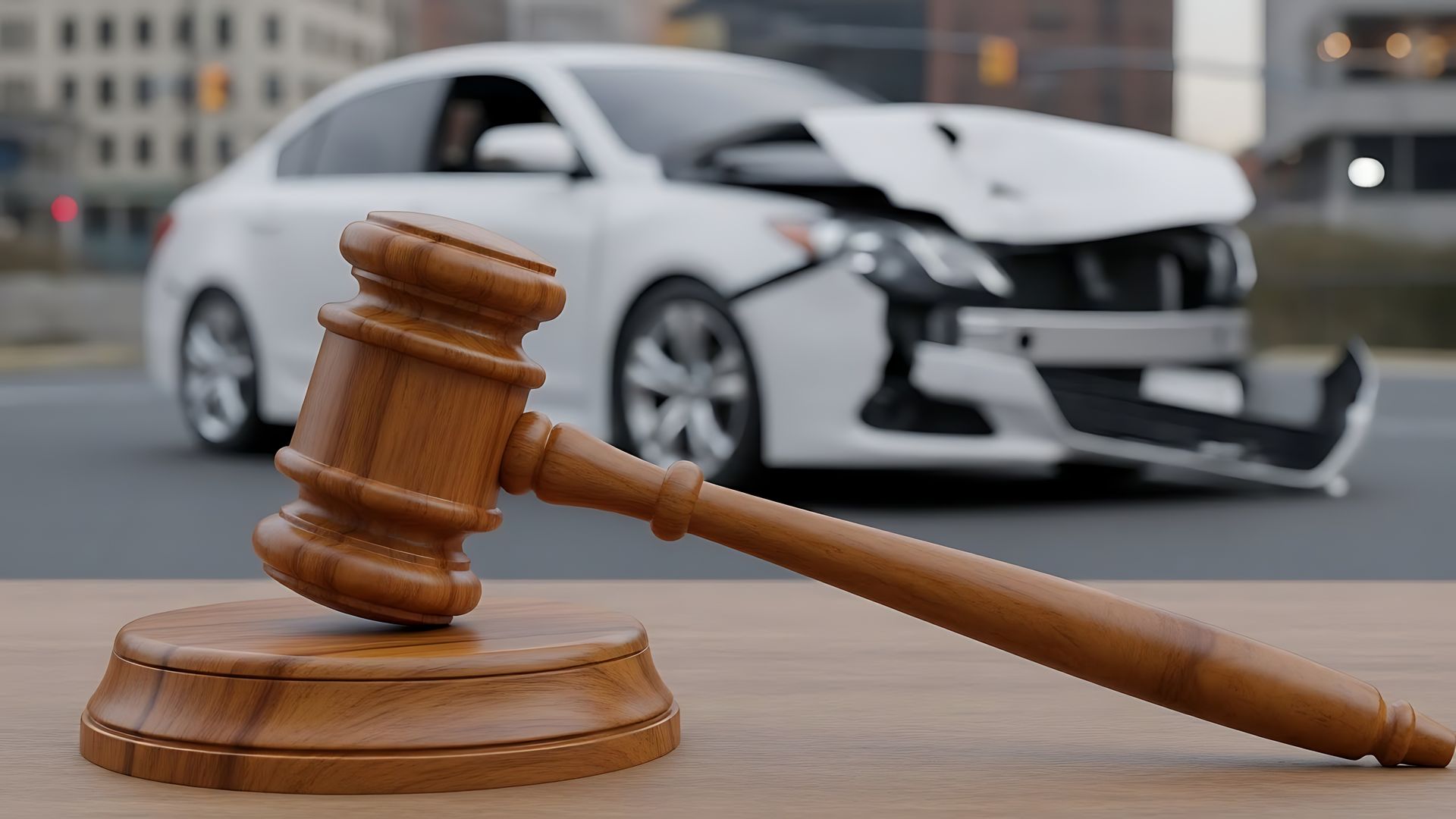 Gavel and damaged car representing legal consequences arising from an automobile collision.