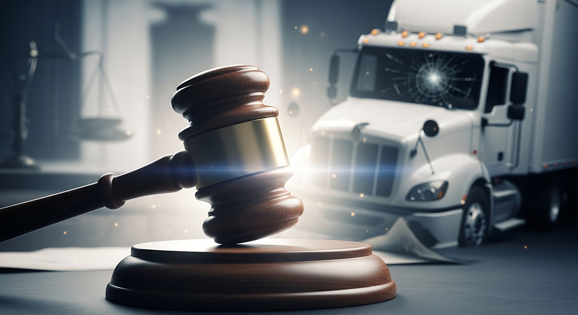 A gavel in the foreground with a crashed truck behind it, symbolizing a truck accident attorney.