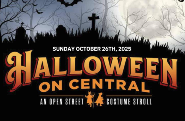 Halloween on Central event flyer: silhouettes of spooky cemetery scene, bat, and title.