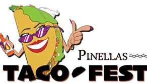 Pinellas Taco Fest logo: cartoon taco wearing sunglasses, pointing. Black text Pinellas Taco Fest logo: cartoon taco wearing sunglasses, pointing. Black text