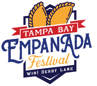 A logo for the Tampa Bay Empanada Festival at Derby Lane featuring two empanadas above the text in a blue and red shield.