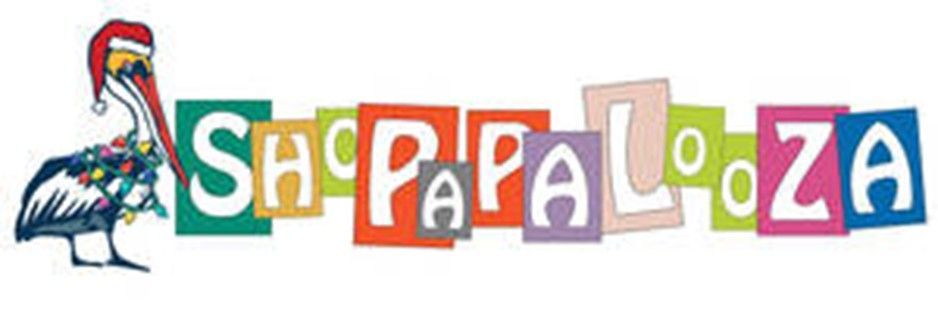 Pelican with Santa hat and lights, logo for SHOPPALOOZA in colorful blocks.