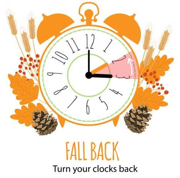 Orange clock with the hands at 2:00 turning back to 1:00. Fall Back text with fall leaves and pine cones.