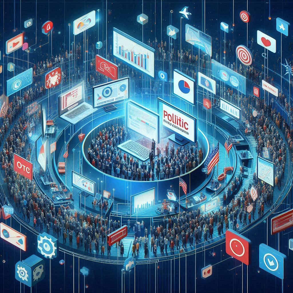 A large group of people are standing in a circle surrounded by computer screens.