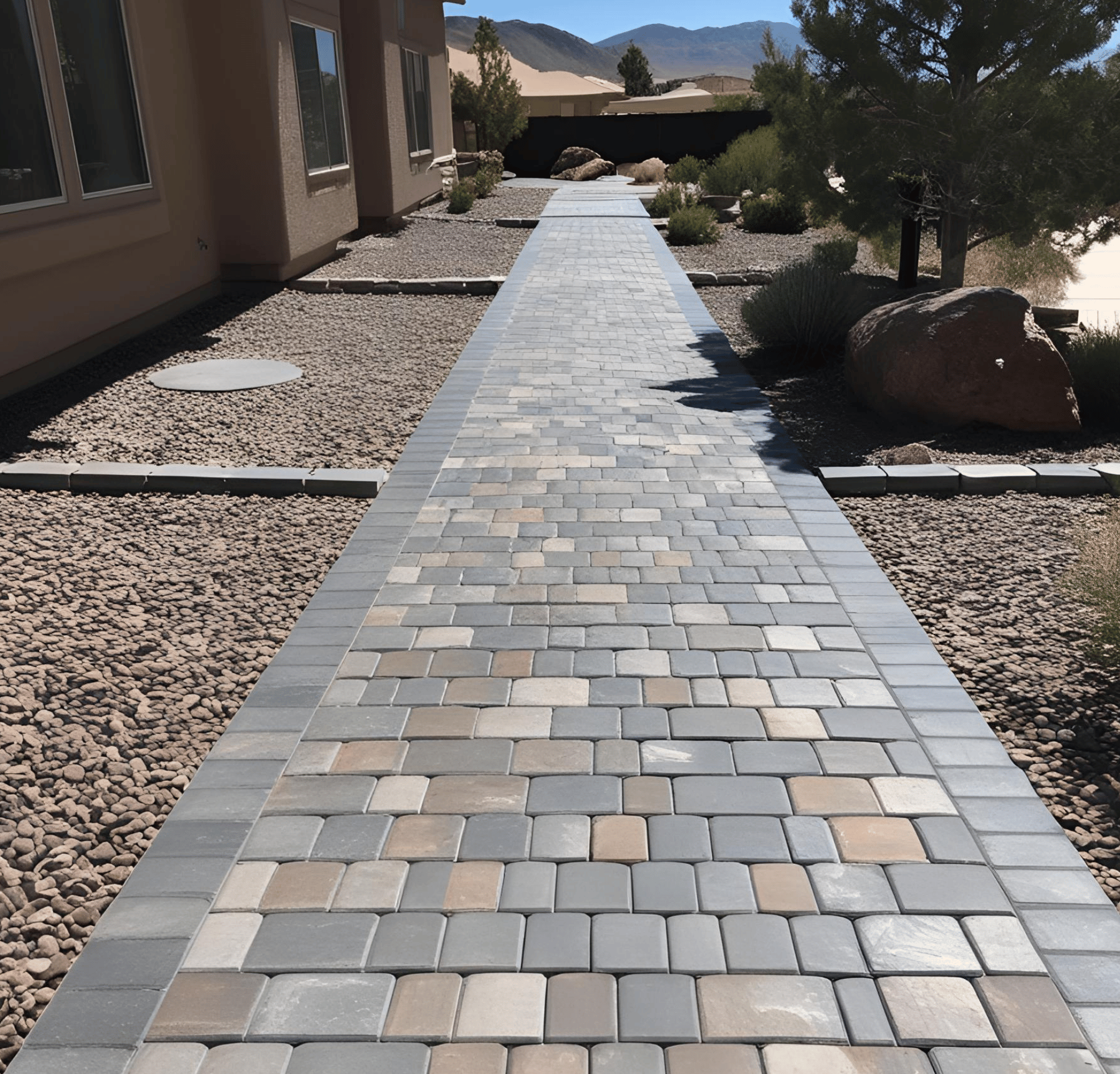 A brick walkway leading to a house designed by All In Hardscape