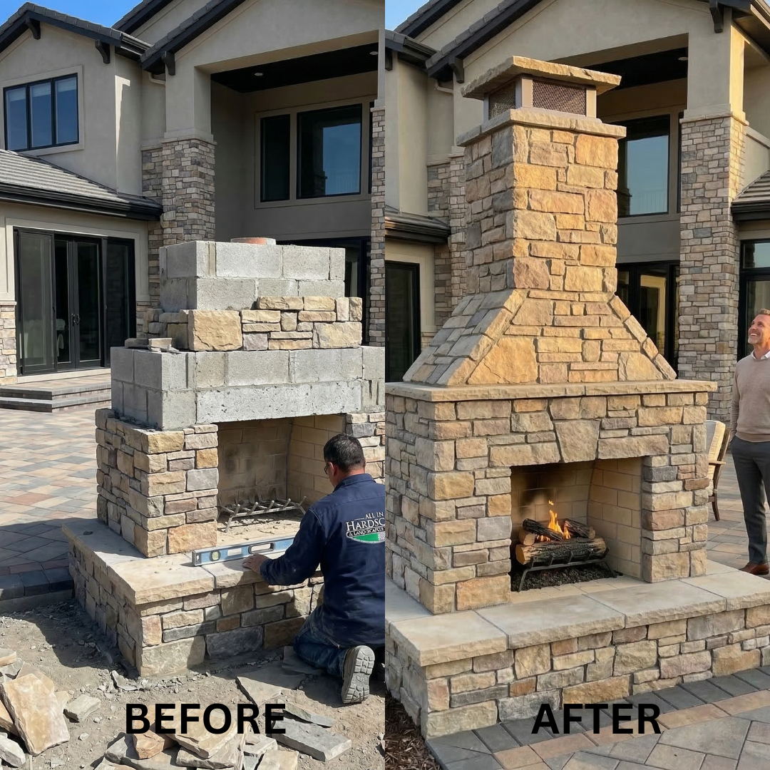 Before and after outdoor stone fireplace installation project in Reno NV backyard patio